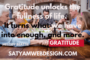 Gratitude unlocks the fullness of life. It turns what we have into enough, and more. It turns denial into acceptance, chaos to order, confusion to clarity. It can turn a meal into a feast, a house into a home, a stranger into a friend. Gratitude makes sense of our past, brings peace for today and creates a vision for tomorrow—Melody Beattie