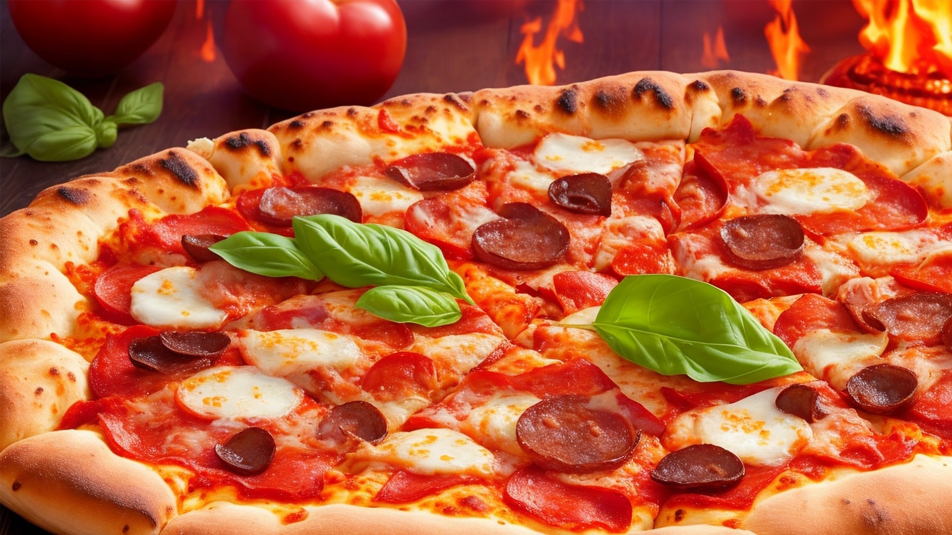 Pepperoni pizza with basil on top with a graphic background